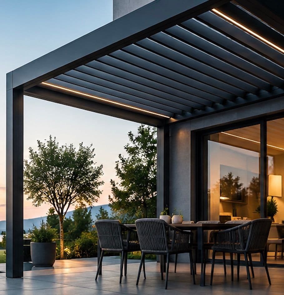 Bioclimatic pergola with LED lighting at sunset